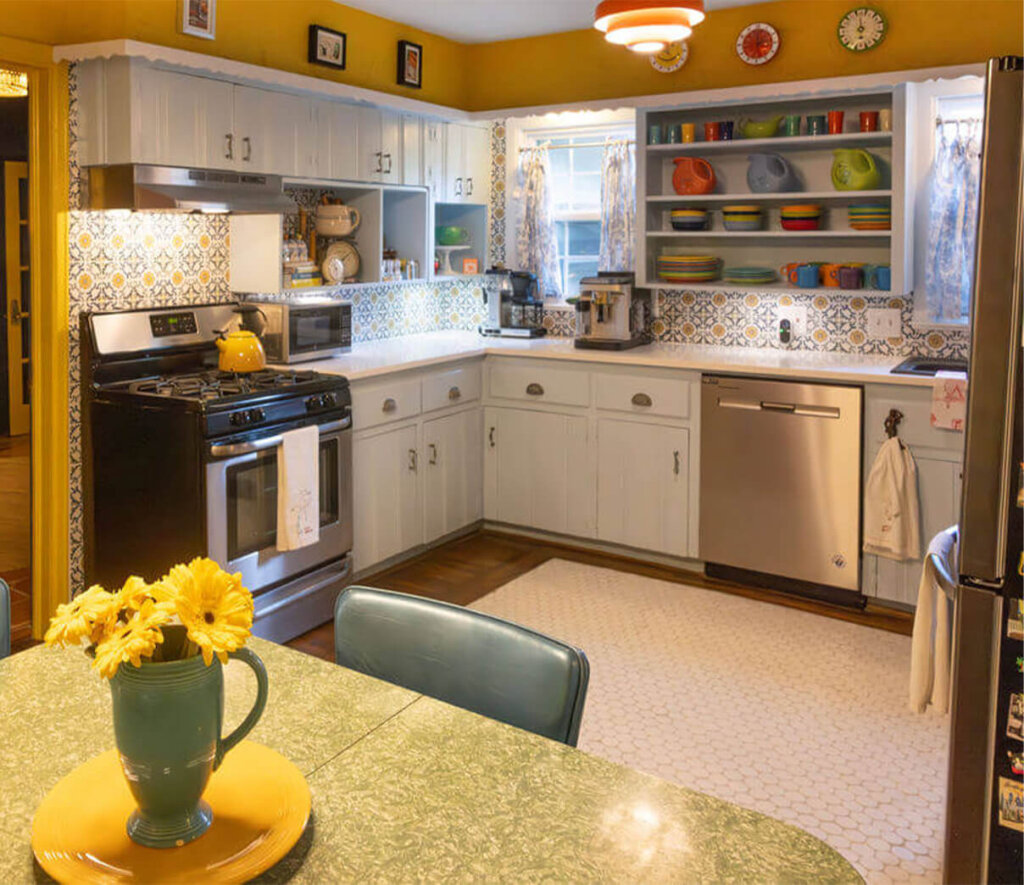 Little funky house kitchen with unique decor and furnishings showing how it differs from east Dallas hotels.